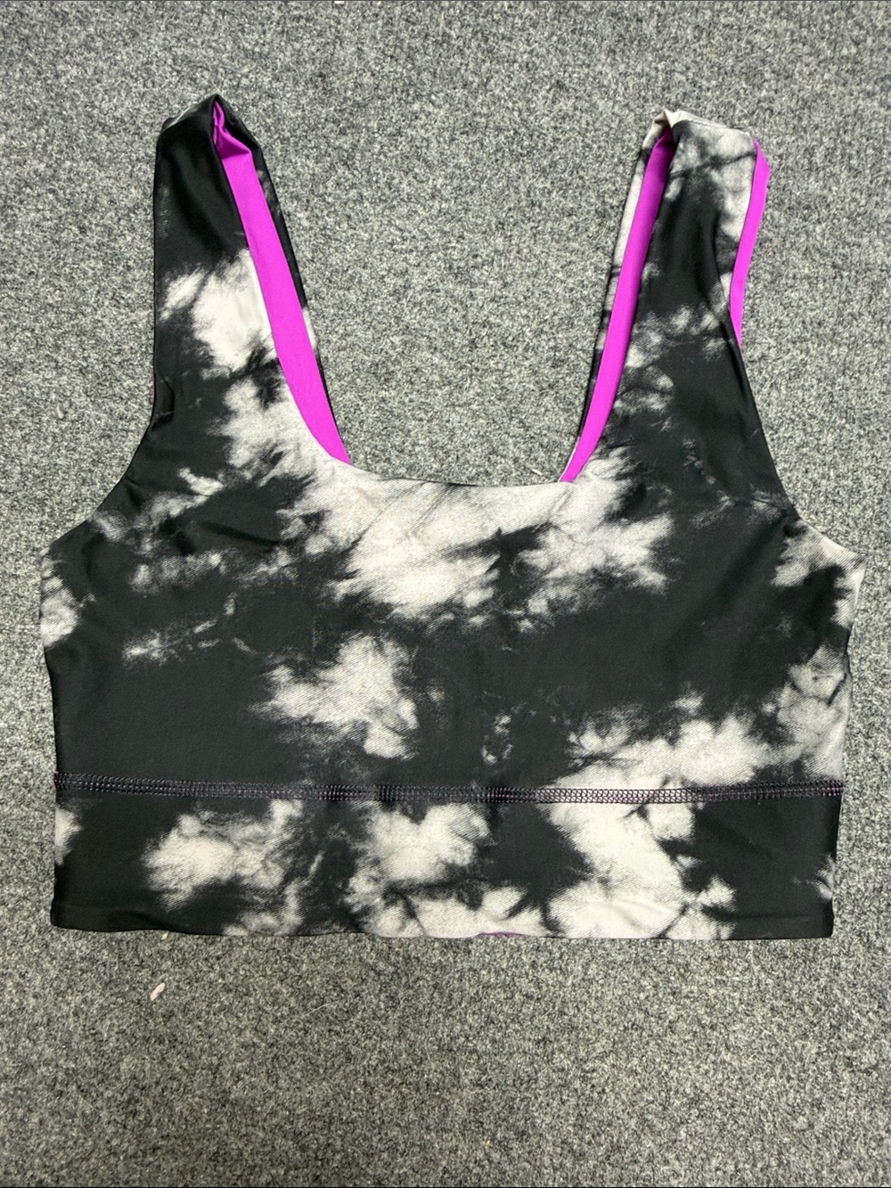Fabletics Black & White Tie-Dye Sports Bra with Purple-Pink Lining